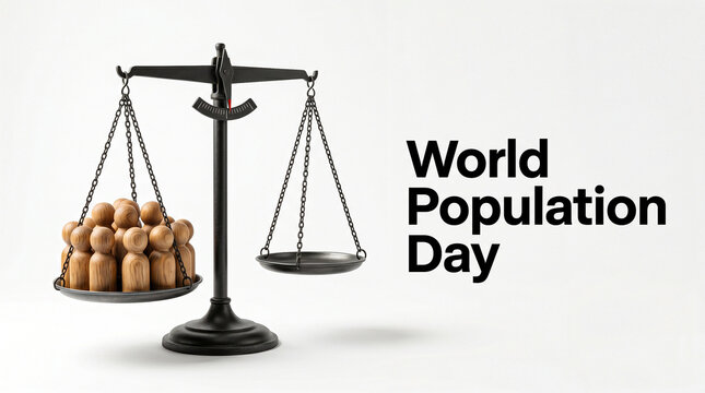 World Population Day concept with wooden figures on weight scales, global demographic imbalance and social justice metaphor, overpopulation awareness