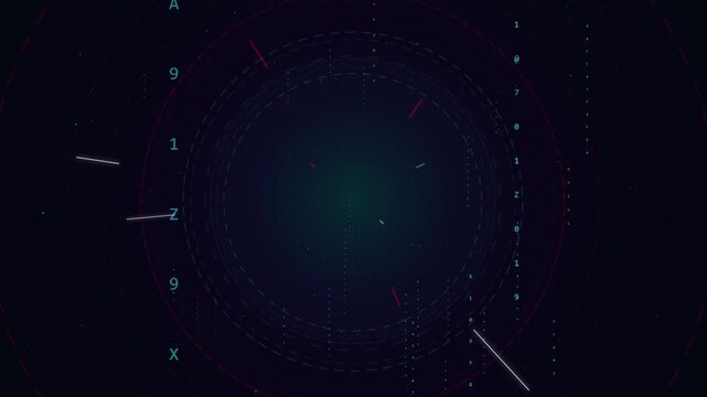 Abstract digital technology background with circular hud elements and data particles