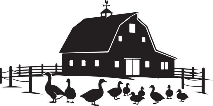 Black silhouette of barn with ducks and fence silhouettes