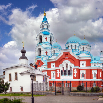 Transfiguration Cathedral and small white church on Valaam, Russia side view. Square crop, stone monastery architecture