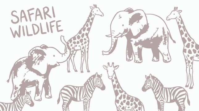 African safari wildlife illustration with giraffes, elephants, and zebras in brown tones