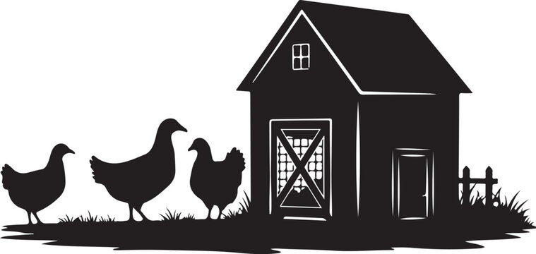 Black silhouette of barn with three ducks and fence farm