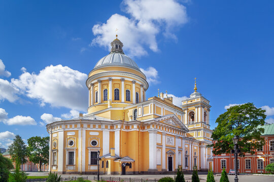 Holy Trinity Cathedral in Alexander Nevsky Lavra, St Petersburg, Russia. Classicism stone church, courtyard apse view