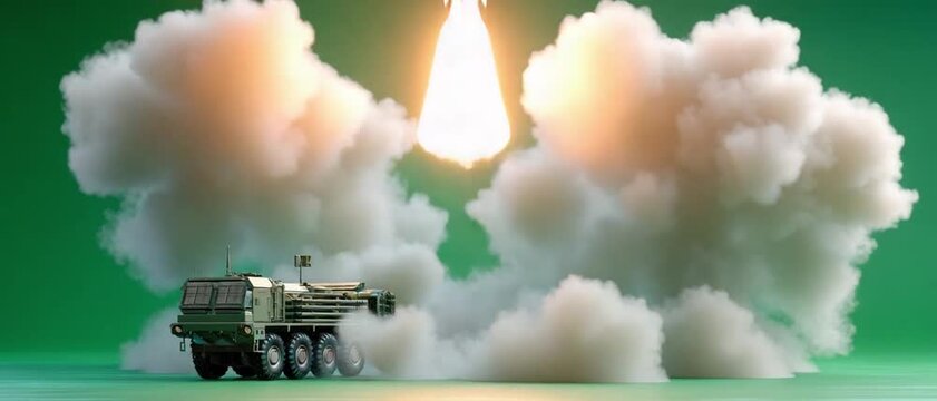 Rocket Launch into the Sky: A powerful rocket with impressive engines ignites with a fiery plume and dense smoke, launching upward from a launchpad, representing progress and future innovation.