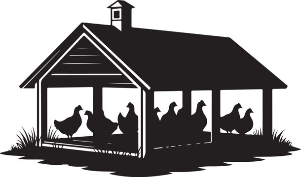 Black silhouette of chickens in a coop farm