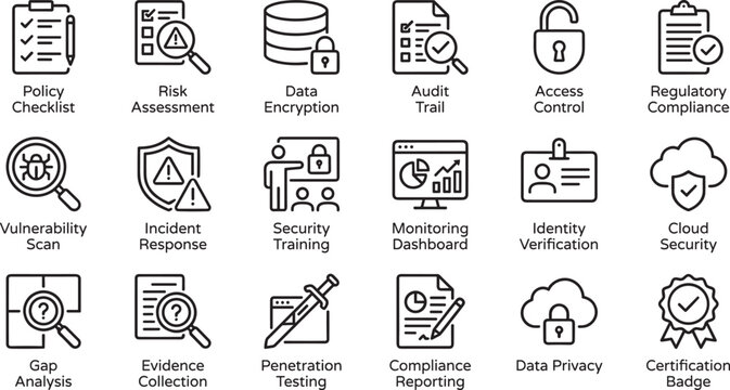 Set of cybersecurity icons for business compliance and it security