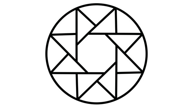 Minimalist geometric line art of a circular star pattern with black outlines.