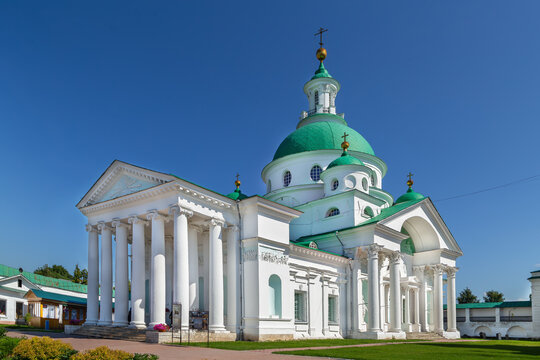 Dimitrievsky Cathedral in Spaso Yakovlevsky Monastery, Rostov, Russia. Classicism stone church architecture, front view