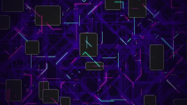 Abstract digital technology background with glowing circuit board lines and microchips