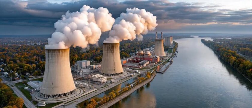 Industrial Powerhouse: Massive cooling towers of a power plant emit thick plumes of steam into the sky, set against a backdrop of a wide river and distant trees.