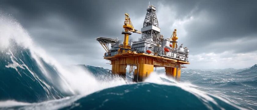 Oil Rig in Stormy Seas: A robust offshore oil drilling rig stands resilient against towering waves and turbulent skies, highlighting the power of nature and human engineering.