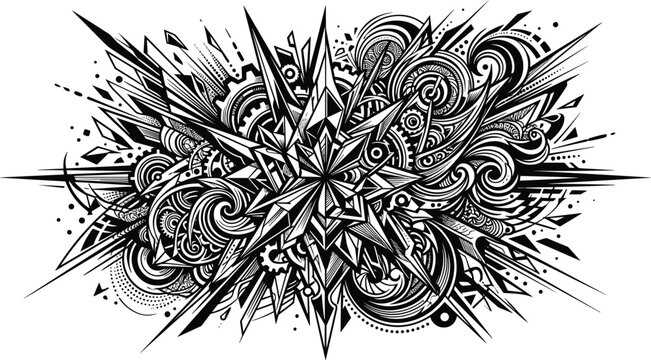 Abstract Black and White Geometric Star Vector Artwork with Steampunk Gears and Filigree Swirls for Modern Tattoos Tshirts Backgrounds and Cyberpunk Graphic Designs
