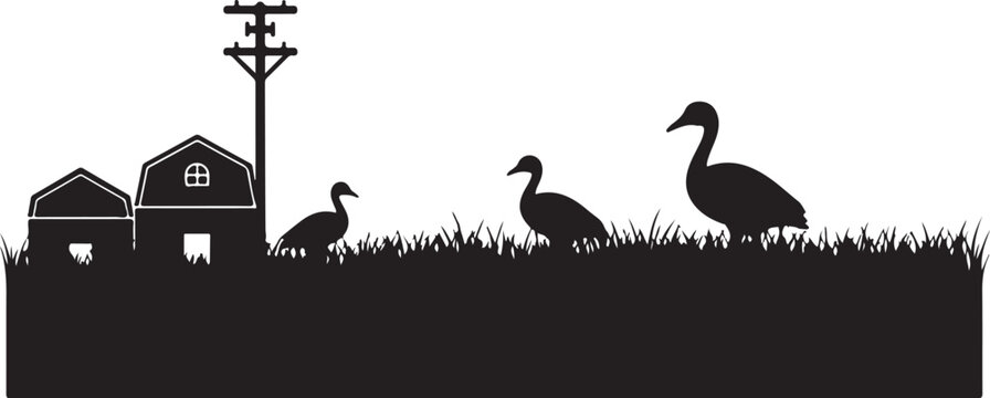 Black silhouette of geese and farm buildings on grassy field