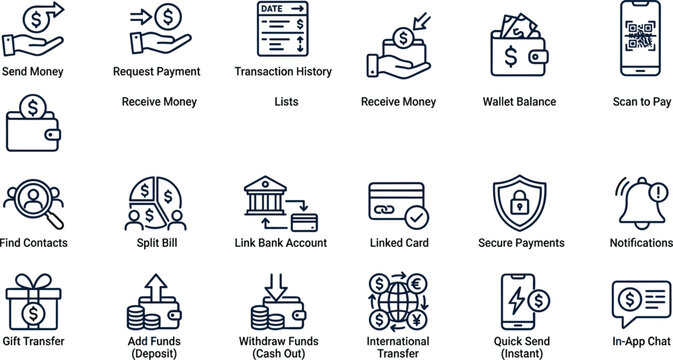 Mobile payment and money transfer service icons set illustration