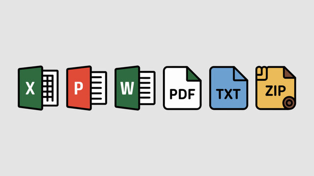 File Format Icons Representing Common Document Types In A Flat Vector Style icon pictogram graphic digital data information