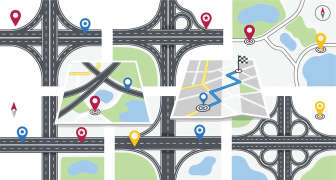 Road Map Navigation and Highway Junction Vector Icon Set with Pin Pointers Cloverleaf Interchanges Paper Maps and Route Planning Design Elements