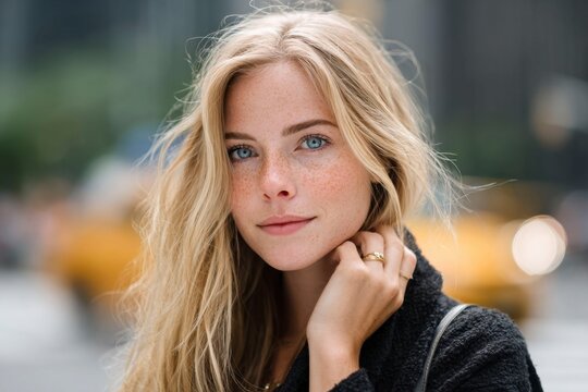 an attractive blonde woman with blue eyes and freckles standing on the streets of city.