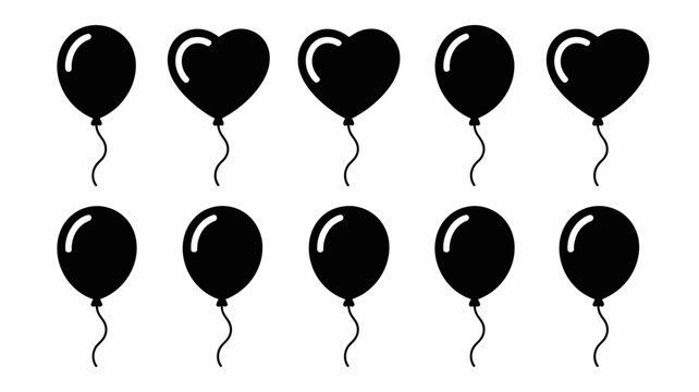 Ten Black Balloon Silhouettes On A White Background Featuring Round And Heart Shapes balloons heart shaped circular silhouette flat