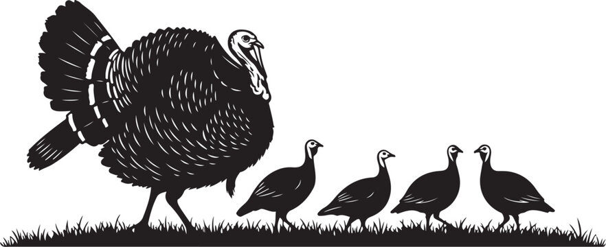 Black silhouette of large turkey with four smaller turkeys 