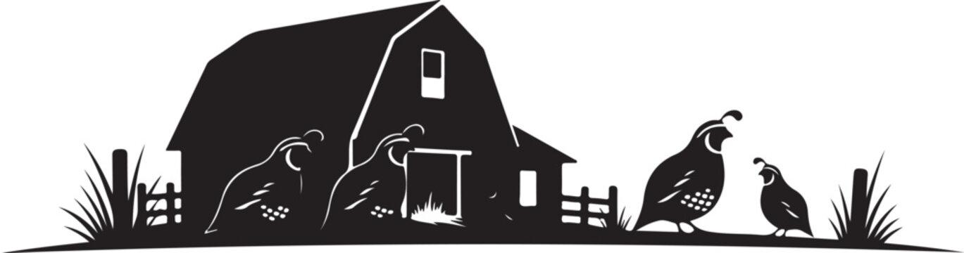 Black silhouette of quails and barn farm animals birds