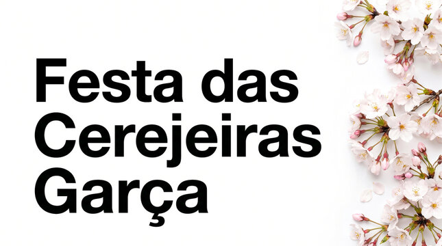 Festa das Cerejeiras Gar&ccedil;a typography on white background, cherry blossom festival announcement, elegant pink floral border with spring flowers