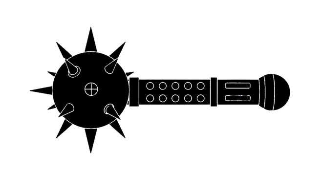 Minimal black silhouette icon, simple flat vector, bold black shape, no, no shading spiked mace weapon silhouette on a, flat icon style