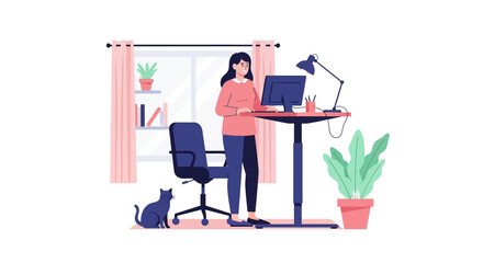 Fototapeta premium Woman Working at Ergonomic Standing Desk in Cozy Home Office with Cat. Flat Vector Illustration for Remote Work, Freelancing, and Healthy Workspace Concepts.