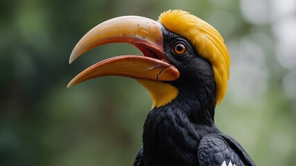 Obraz premium Portrait of a majestic hornbill bird showing a vibrant yellow crest and large orange beak