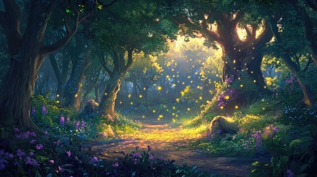 A magical forest at twilight, glowing with soft light from fireflies, celebrating naturea??s beauty