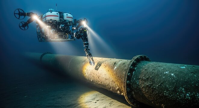 A high-tech remotely operated vehicle maneuvers through deep ocean waters to inspect a massive metal pipeline along the dark sandy seabed, offshore, industrial, ocean