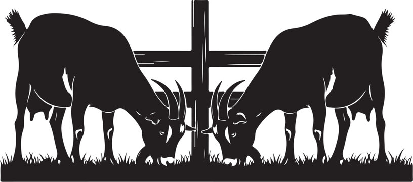 Black silhouette of two goats butting heads by a fence