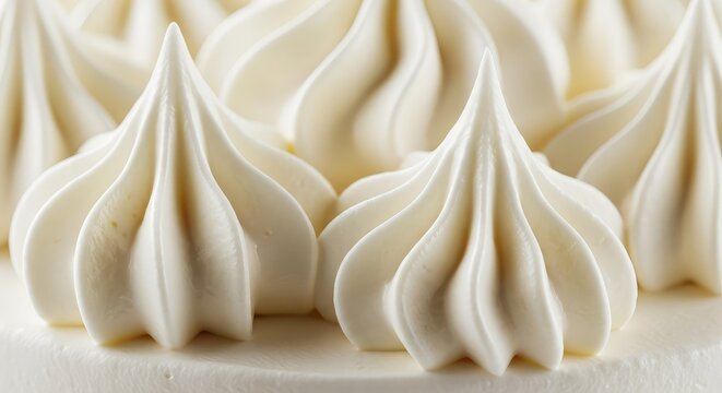 A macro shot showcasing thick swirls of creamy white vanilla frosting with smooth textures and elegant peaks on a delicious dessert treat, dairy, velvet, closeup