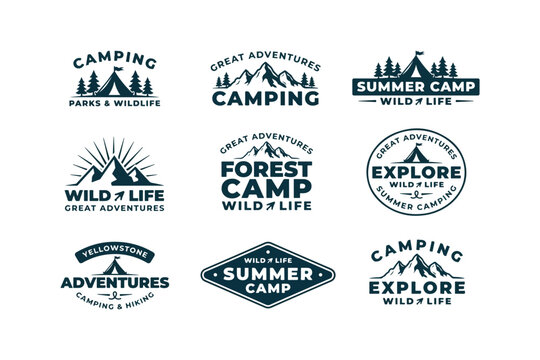 Camping, outdoor adventure logos, wilderness badges, summer camp labels, wild life emblems, vector icons