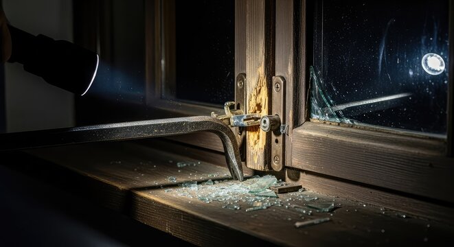 A metal crowbar forces open a dark wooden window frame at night. A flashlight beam shines on the damaged lock and scattered glass shards, danger, burglary, stealth