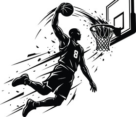 Dynamic Basketball Player Slam Dunk Silhouette Vector Illustration with Motion Splatters and Hoop Ring for Sports Branding Merchandise Jerseys and Event Poster Designs © MdBokul
