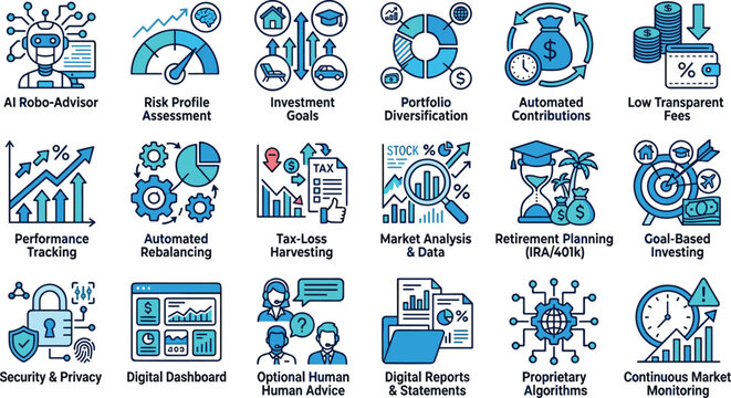 Set of financial services and investment management icons
