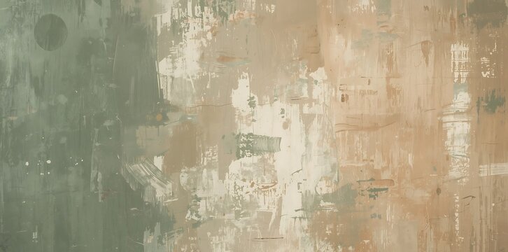 Abstract grunge wall texture featuring worn layers of sage green and light brown paint in distressed design
