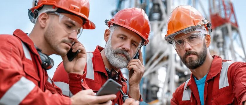 Oil Rig Workers Collaborate: Three rugged oil rig workers in red safety suits and hard hats, deeply engaged in a discussion, likely strategizing a complex operation.