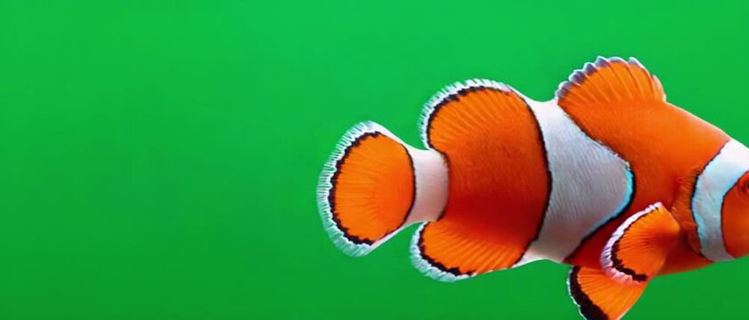 Vibrant Clownfish on Emerald Background: A striking clownfish with bold orange and white stripes swims gracefully against a vivid emerald green backdrop.