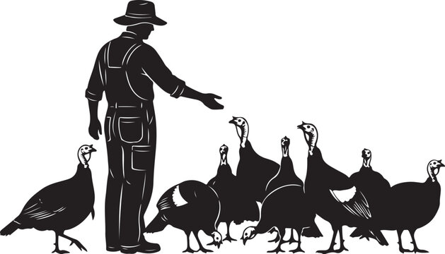 Man feeding guinea fowl overalls silhouette