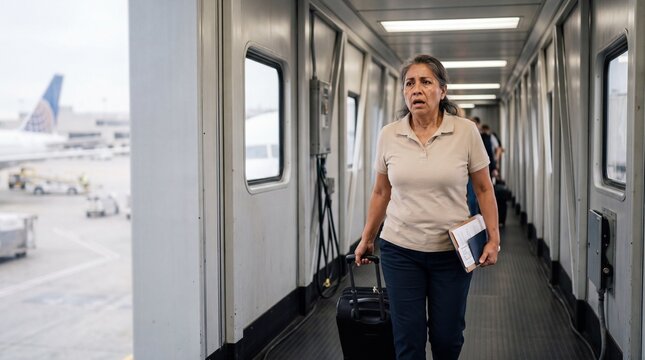 A traveler hurries along the jet bridge, pulling a small suitcase and holding a binder. The airport buzzes softly as planes await outside.