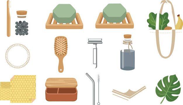Zero waste and sustainable lifestyle icon collection featuring reusable hygiene products, eco-friendly packaging, natural materials, and green living essentials