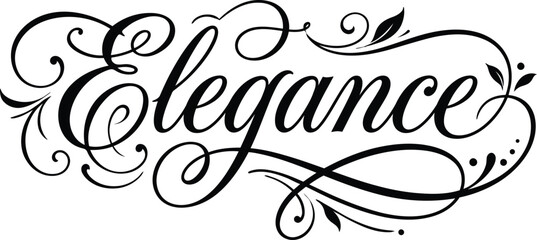Elegance word calligraphy vector, ornate script lettering with decorative swirls, vintage black ink flourish typography for wedding invitations © Tapi