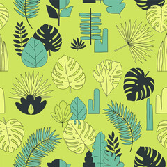 Seamless Tropical Leaves Pattern Background. Botanical Jungle Foliage Design with Exotic Plants in Flat Graphic Style. © Vee_adja