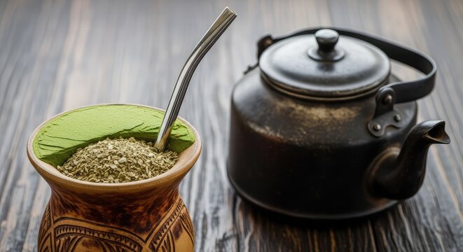 Detailed close up of dried yerba mate leaves in a wooden gourd with a metal straw and a rustic kettle on a textured dark wooden surface, table, breakfast, texture