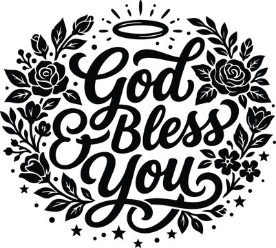 Elegant circular floral wreath with bold god bless you typography in black and white for decorative greeting art