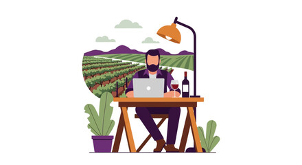 Fototapeta premium Entrepreneur Winemaker Working on Laptop in Vineyard with Wine Bottle and Glass, Flat Vector Illustration