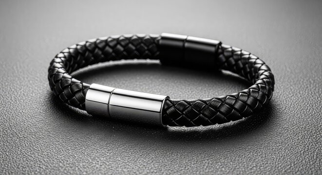 Elegante bracciale in pelle nera con trama intrecciata e chiusura magnetica in acciaio, adagiato su un piano materico grigio scuro, riflesso, artigianale, metallo