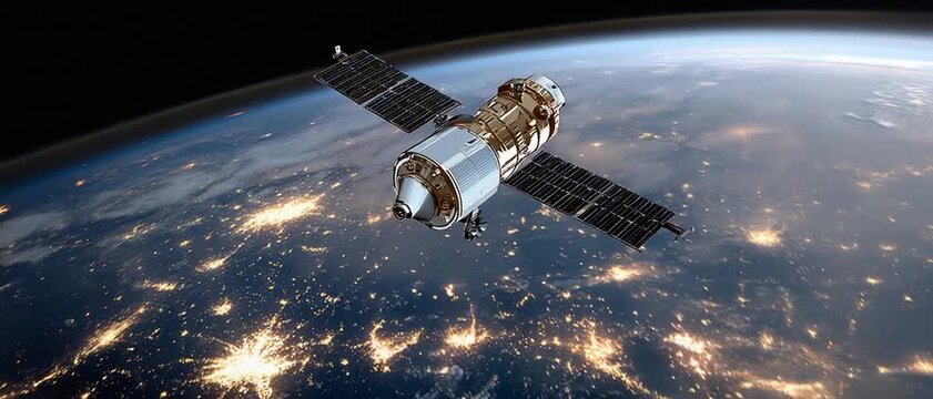 Satellite Orbiting Earth: A state-of-the-art satellite equipped with solar panels orbits our blue planet.