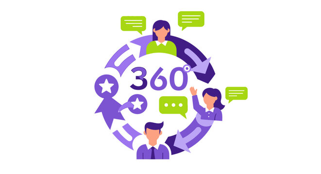 360 Degree Feedback and Performance Review Concept Illustration with People and Speech Bubbles for Business Management and HR Evaluation
